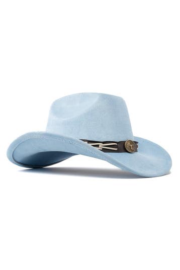 KIMU® Cowboyhoed Lichtblauw Gevlochten Band Verstelbaar t/m, Ophalen of Verzenden, Nieuw, Overige maten, Carnaval