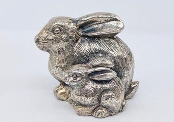 Beeldje - Coppia di conigli - Bedekt met 925 zilver