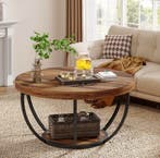 2-Laags Ronde Salontafel – Industriële Stijl 81x81x45cm, Huis en Inrichting, Tafels | Salontafels, Overige houtsoorten, 50 tot 100 cm