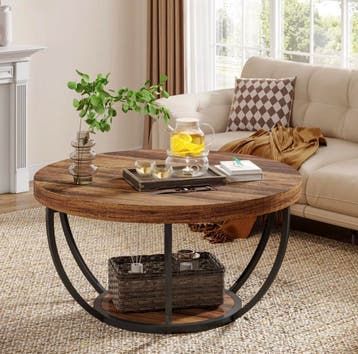 2-Laags Ronde Salontafel – Industriële Stijl 81x81x45cm, Huis en Inrichting, Tafels | Salontafels, Overige houtsoorten, 50 tot 100 cm