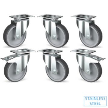 Set 6 zwenkwielen RVS., 2 met rem | 125(h)mm Diamond, Verzenden, Nieuw in verpakking