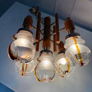 Stile Mazzega - Plafondlamp - Verguld messing, Teak - Vetro