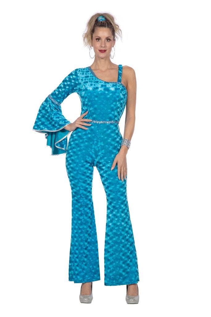 Disco Catsuit Velvet Aqua Dames, Kleding | Dames, Carnavalskleding en Feestkleding, Nieuw, Ophalen of Verzenden