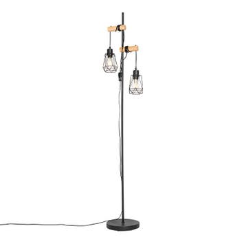 Landelijke vloerlamp zwart met hout 2-lichts met kap - Dami, Verzenden, Nieuw, Landelijk
