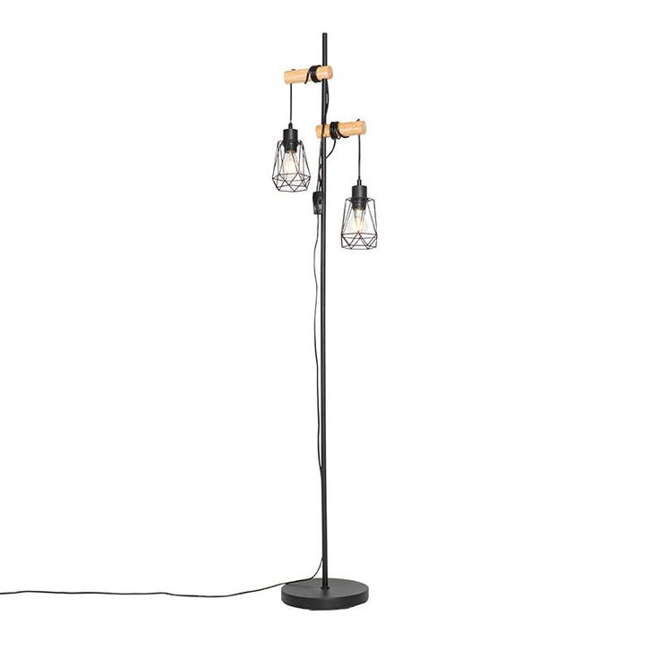 Landelijke vloerlamp zwart met hout 2-lichts met kap - Dami, Huis en Inrichting, Lampen | Vloerlampen, Nieuw, Verzenden