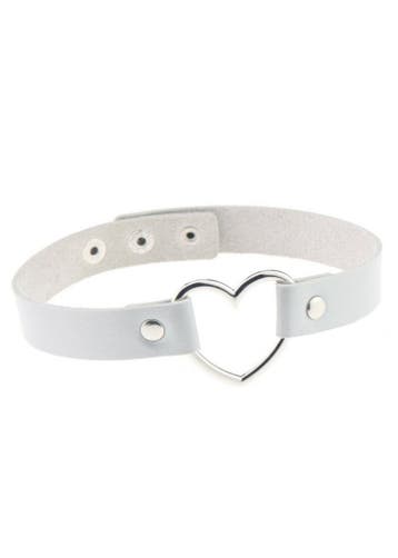 KIMU® Choker Wit Hartje Pu Leer Witte Collar Ketting Hart Ha, Kunststof, Verstelbaar, Wit, Nieuw