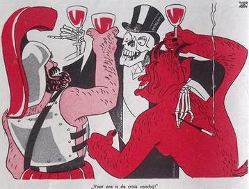 Spotprent De dood, Mars en de duivel vieren het einde van..., Antiek en Kunst, Kunst | Litho's en Zeefdrukken, Verzenden