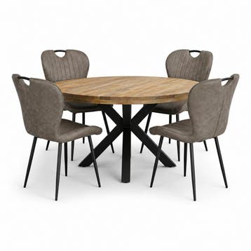 Lars Deal 115cm mango + 4x Stoel Phoenix antraciet, Huis en Inrichting, Stoelen, Ophalen of Verzenden, Nieuw