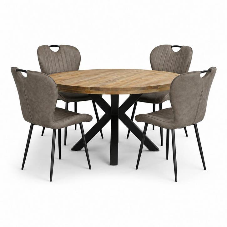 Lars Deal 115cm mango + 4x Stoel Phoenix antraciet, Huis en Inrichting, Stoelen, Nieuw, Ophalen of Verzenden