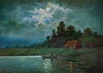 Egidio Riva (1866-1946) - Paesaggio lacustre al chiaro di