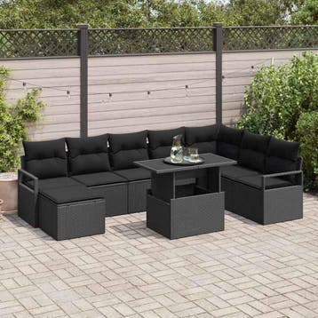 vidaXL Tuin Sofa Set 9 st Zwart poly rattan, Verzenden, Nieuw, Rotan, Meer dan 8 zitplaatsen