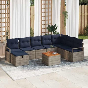 vidaXL Tuinbankenset met kussen met opslag 9 pcs Grijs poly, Verzenden, Nieuw, Rotan, Meer dan 8 zitplaatsen