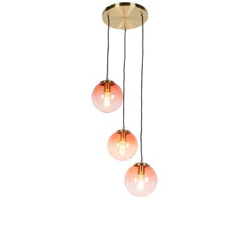Art deco hanglamp messing 45 cm 3-lichts roze - Pallon, Verzenden, Nieuw, Glas, Art Deco