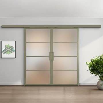 Dubbele stalen schuifdeur met koofsysteem 4 Vlaks Olijfgroen, Nieuw, Metaal, 75 tot 150 cm, 150 tot 225 cm