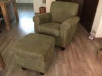 Leren fauteuil met houten poten - met hocker - groen leer, Ophalen of Verzenden, Nieuw, Leer