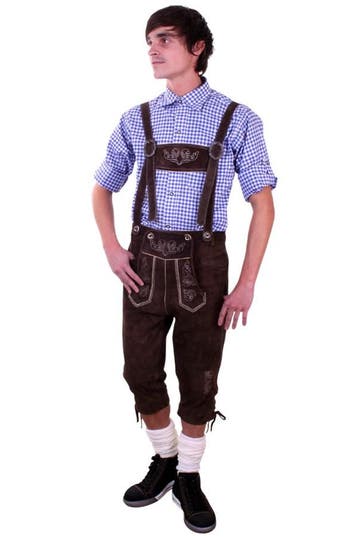 KIMU® Driekwarts Lederhosen Bruin Echt Leer 48 M Oktoberfest, Ophalen of Verzenden, Nieuw, Carnaval, Kleding