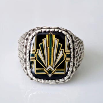 Zilver, Heren Chunky Art Deco Geometric - Solid 925, Antiek en Kunst