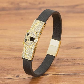 Heren Lederen Armband met Leopard Hoofd & Kristallen - Vinta