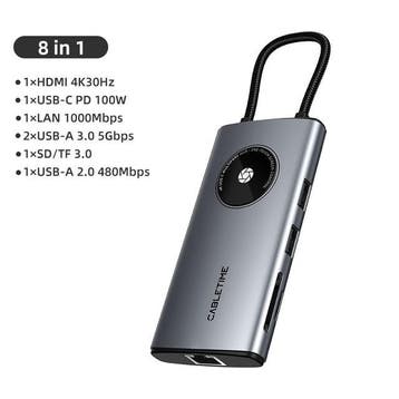 Cabletime – 8 in 1 Multi USB-C Hub adapter – 4K – HDMI – LAN, Laptop, Nieuw, Ophalen of Verzenden, Cabletime