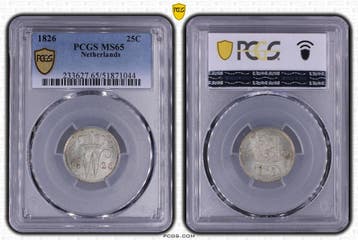 Koning Willem I 25 cent 1826 Utrecht MS65 PCGS (pop 6/3), Verzenden, Munten