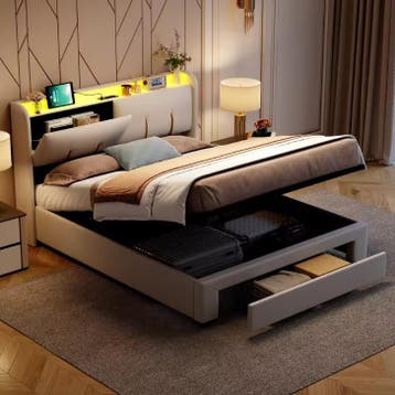 Gestoffeerd Bed 160/140x200 cm met LED, USB en Opbergruimte, Verzenden, Nieuw