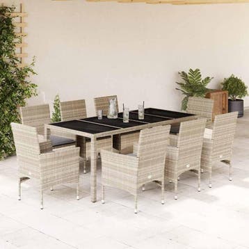 vidaXL 9-delige Tuinset met kussens poly rattan en glas, Tuin en Terras, Verzenden, Nieuw, 8 zitplaatsen, Tuinset