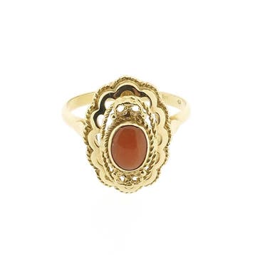 Antiek gouden ring met bloedkoraal, Sieraden, Tassen en Uiterlijk, Gebruikt, 20 of groter, Ophalen of Verzenden, Met edelsteen