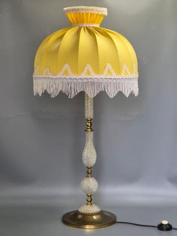 Große Designer Tischlampe – Messing & Strukturglas mit