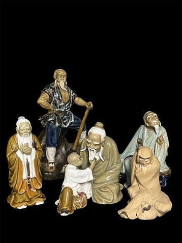 Set van 5 Chinese keramische figuren – wijze mannen, monnik