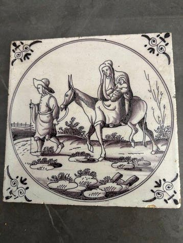 Antiek Tegel - De vlucht naar Egypte - Antiek - 1750-1800 -