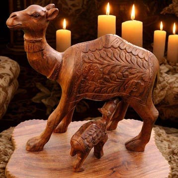 Handcrafted Wooden Camel & Calf Sculpture - Blikken