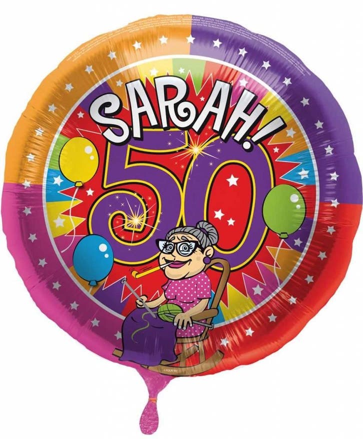 Sarah 50 jaar Knalfeest folieballon - 43cm, Kleding | Dames, Carnavalskleding en Feestkleding, Nieuw, Ophalen of Verzenden