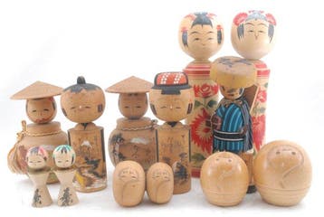 Japanse traditionele kokeshi-poppen, 12-delige set - Hout -