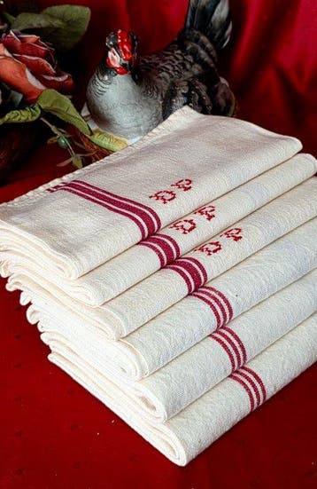 Handdoek (6) - 73 cm - 59 cm - Linnen theedoeken met rode, Antiek en Kunst