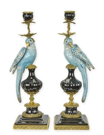 sculptuur, Luxury Pair of Blue Porcelain Parrot Candle