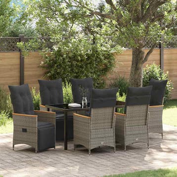 vidaXL Tuin eettafelset met kussen 7 pcs Grijs poly rattan, Verzenden, Nieuw, Rotan, 7 zitplaatsen
