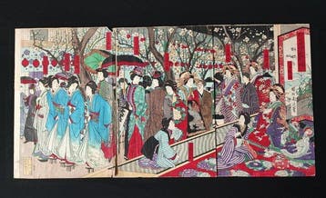 Prachtige 1888 Japanse houtsnede triptychon - Levendig