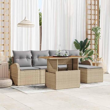 vidaXL Tuin Sofa Set met opslag 6 pcs Beige Poly riet, Verzenden, Nieuw, Rotan, 6 zitplaatsen