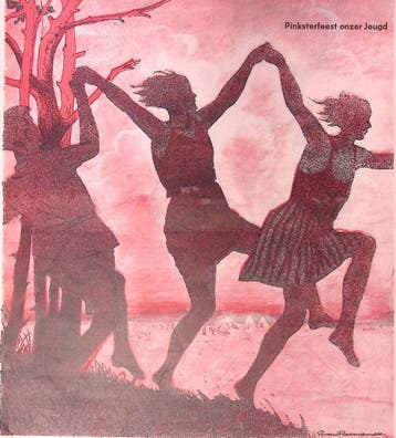 Spotprent met dansende jeugd op het Pinksterfeest (Lithos), Verzenden