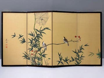 Kamerscherm - Hout, Zijde, Textiel, Koper - Japan -