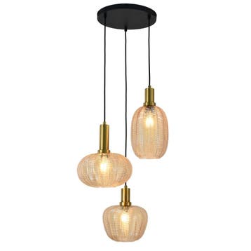 Hanglamp Zwart met Messing en Amber Glas – 3-Lichts - Liva, Verzenden, Nieuw, Glas