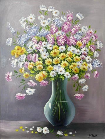 Le Van Ha (1972) - Le vase bleu et ses trésors 80 60 cm., Antiek en Kunst