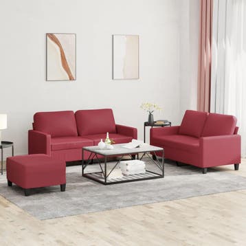 vidaXL 3-delige Loungeset met kussens kunstleer wijnrood, Verzenden, Nieuw, Leer, Minder dan 150 cm