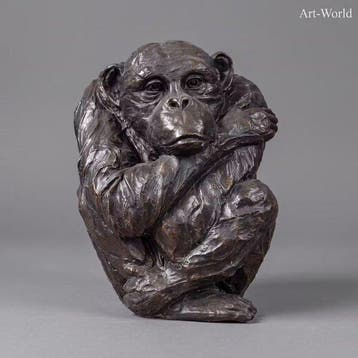 Beeld, Exclusief bronzen sculptuur van een zittende aap - 43