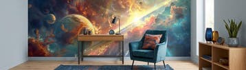 Ruimte behang – ringplaneten in goud en blauw, Overige merken, Ophalen of Verzenden, Fotobehang, Abstract