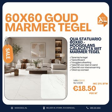 60x60 Marmer  - VOORRAAD = ACTIE TEGEL = GERECTIFICEERD, 60 cm of meer, Nieuw, Ophalen of Verzenden, 10 m² of meer