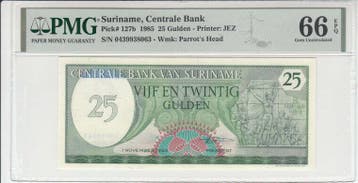 1985 Suriname 25 Gulden Pick 127b Pmg Gem Unc 66 Epq, Verzenden