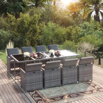 vidaXL 9-delige Tuinset met kussens poly rattan grijs, Verzenden, Nieuw, Hout, Tuinset