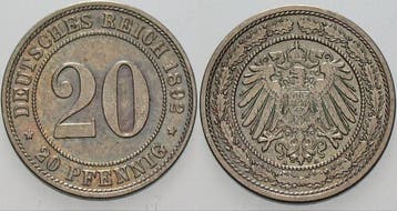 20 Pfennig 1892 A Kleinmunten-kaiserreich Grosser Adler, Verzenden