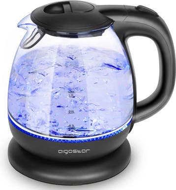 Waterkoker glas - met LED - Elektrisch - 1L - 2200W - Zwart, Verzenden, Zo goed als nieuw
